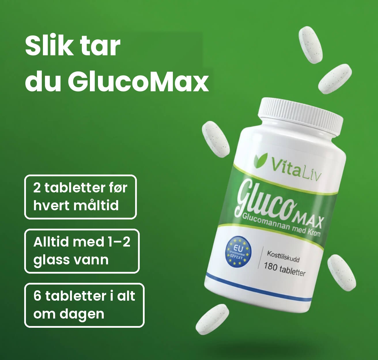 Slik tar du GlucoMax: 2 tabletter før hvert måltid, alltid med 1–2 glass vann, 6 tabletter i alt om dagen
